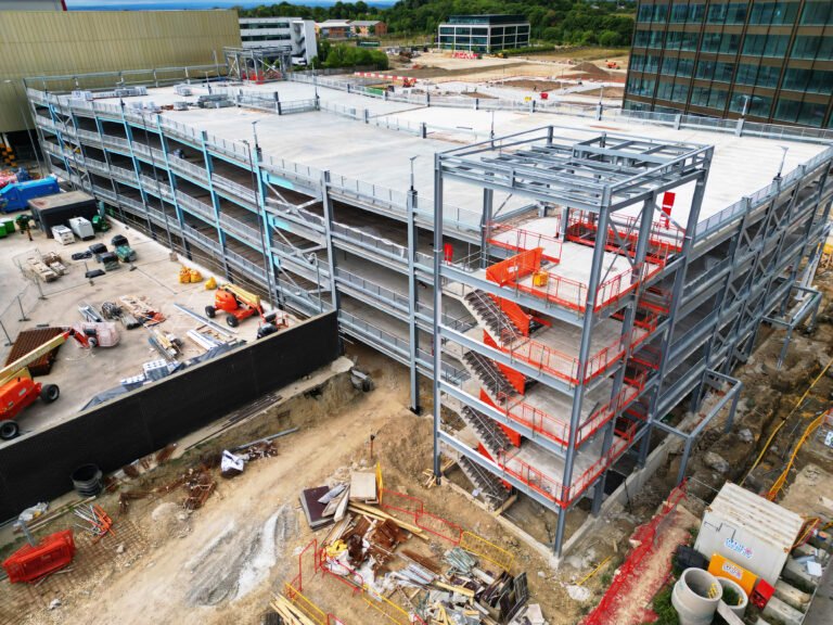 Steel-framed multi-storey car park under construction at Thorpe Park, Leeds