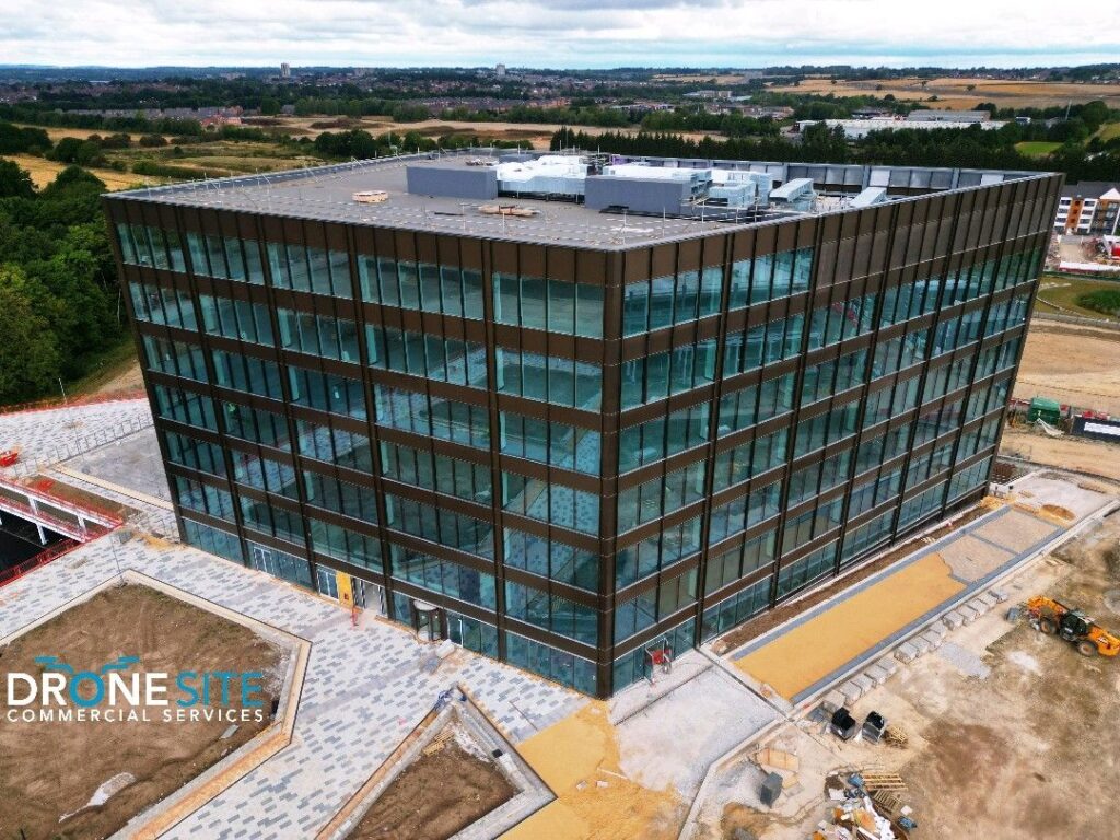 Aerial view of the office building at Thorpe Park, Leeds, by Drone Site