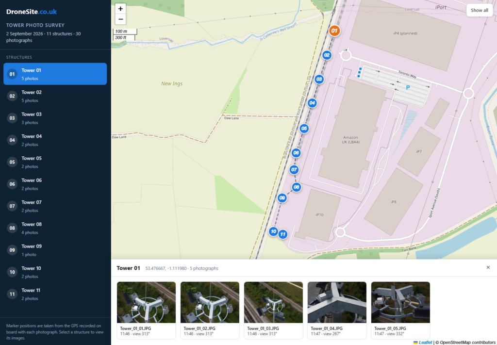 Interactive map of the Doncaster iPort lighting tower survey, showing each tower's location and photographs