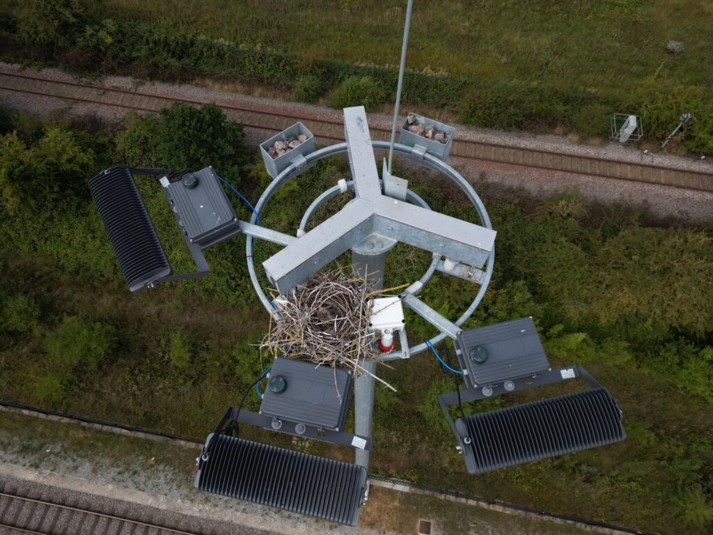 Aerial view of a lighting tower head at Doncaster iPort, by Drone Site UK