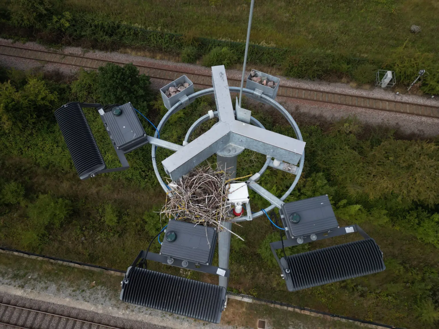 Aerial view looking down on the top of a lighting tower at Doncaster iPort
